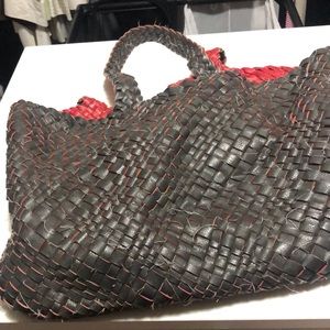 Reversible leather woven tote bag. Red or gray. With red pouch
